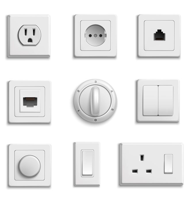 Switches Sockets Realistic Set Square rectangular and round white switches and sockets realistic set on white background isolated vector illustration